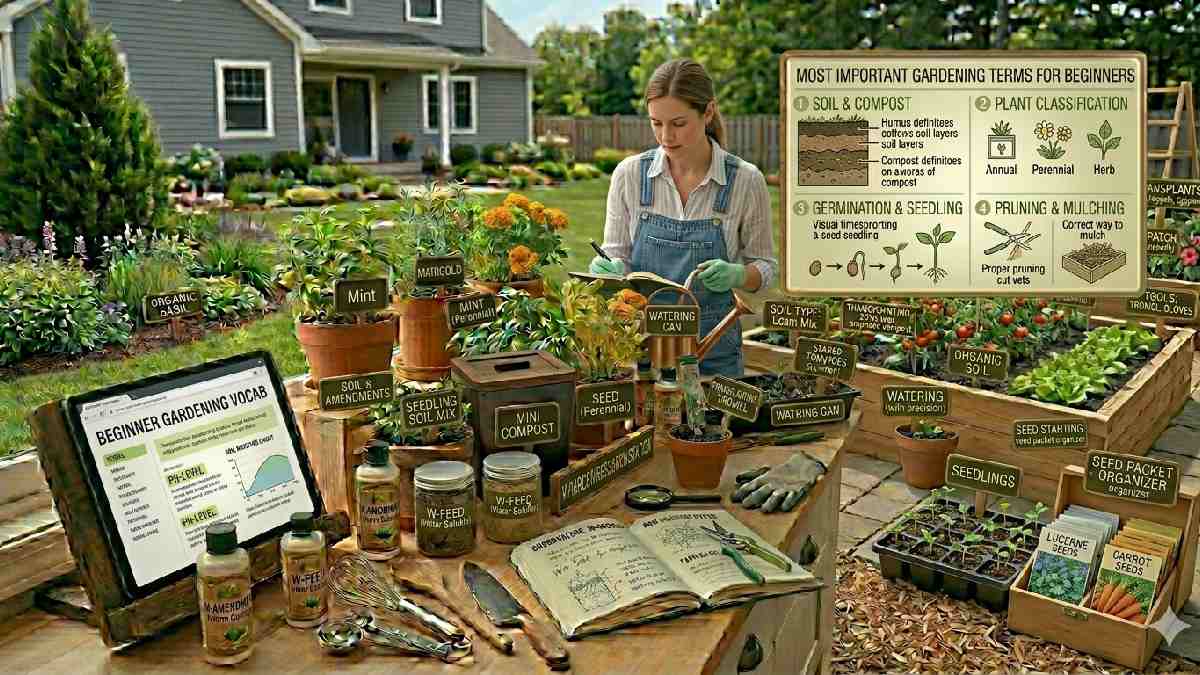Most important gardening terms for beginners include soil, compost, pruning, watering, and seeds, helping understand basic plant care and gardening techniques.