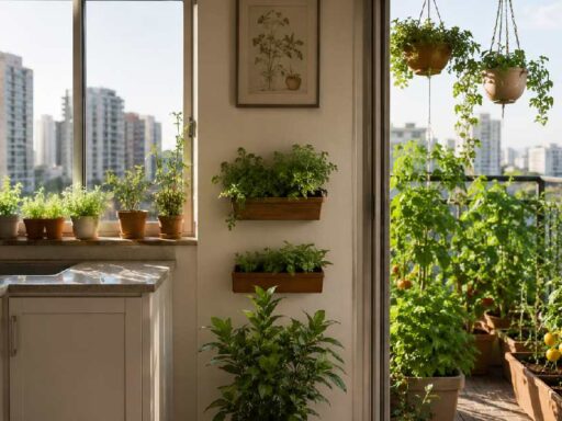 A bright modern apartment with Apartment Gardening setup showing herb pots on a windowsill, vegetable containers on a balcony, and hanging planters creating a fresh green city home.