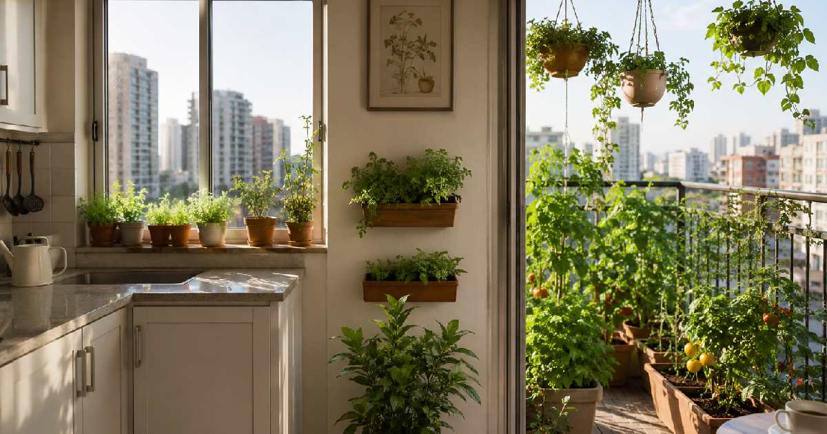 A bright modern apartment with Apartment Gardening setup showing herb pots on a windowsill, vegetable containers on a balcony, and hanging planters creating a fresh green city home.