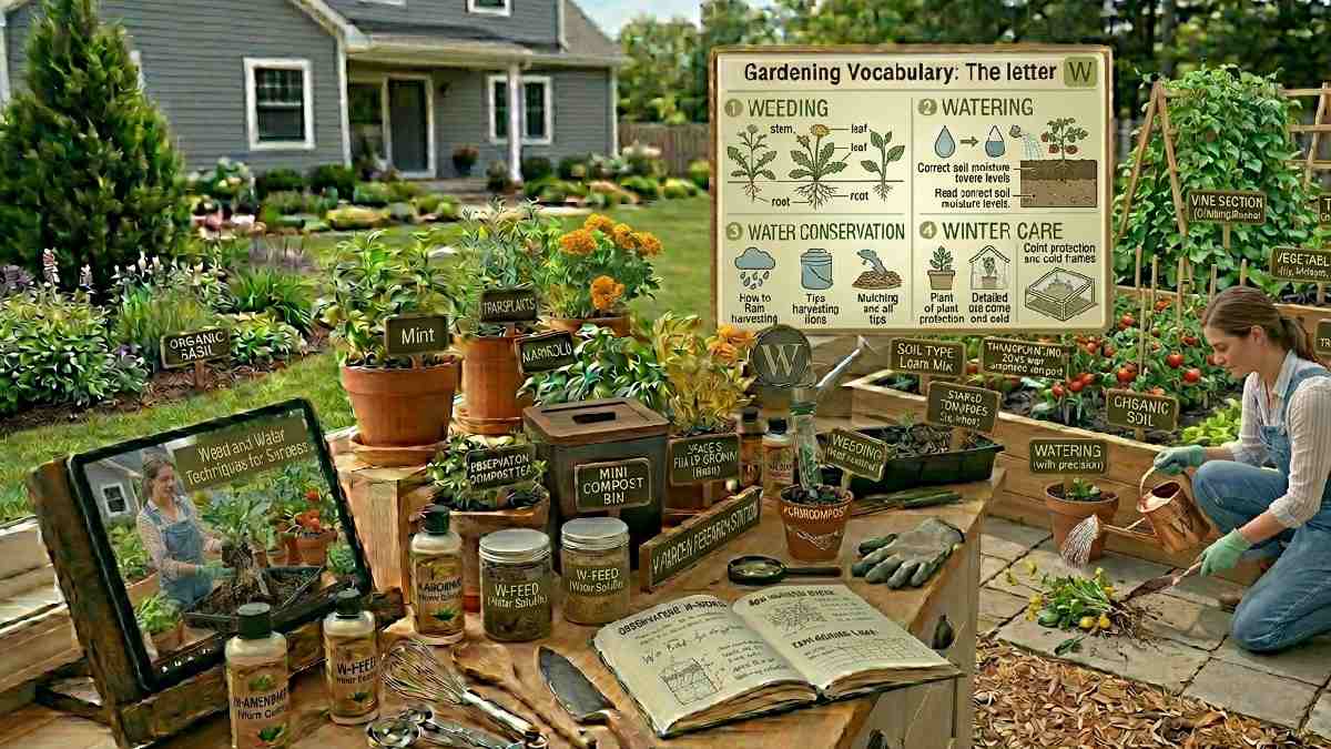Gardening words starting with W include watering and weeding, which help maintain plant health and keep the garden clean and well managed.