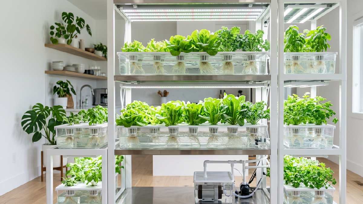 A clean organized indoor hydroponic setup with green plants in water trays and no soil showing a mess free home gardening solution. 