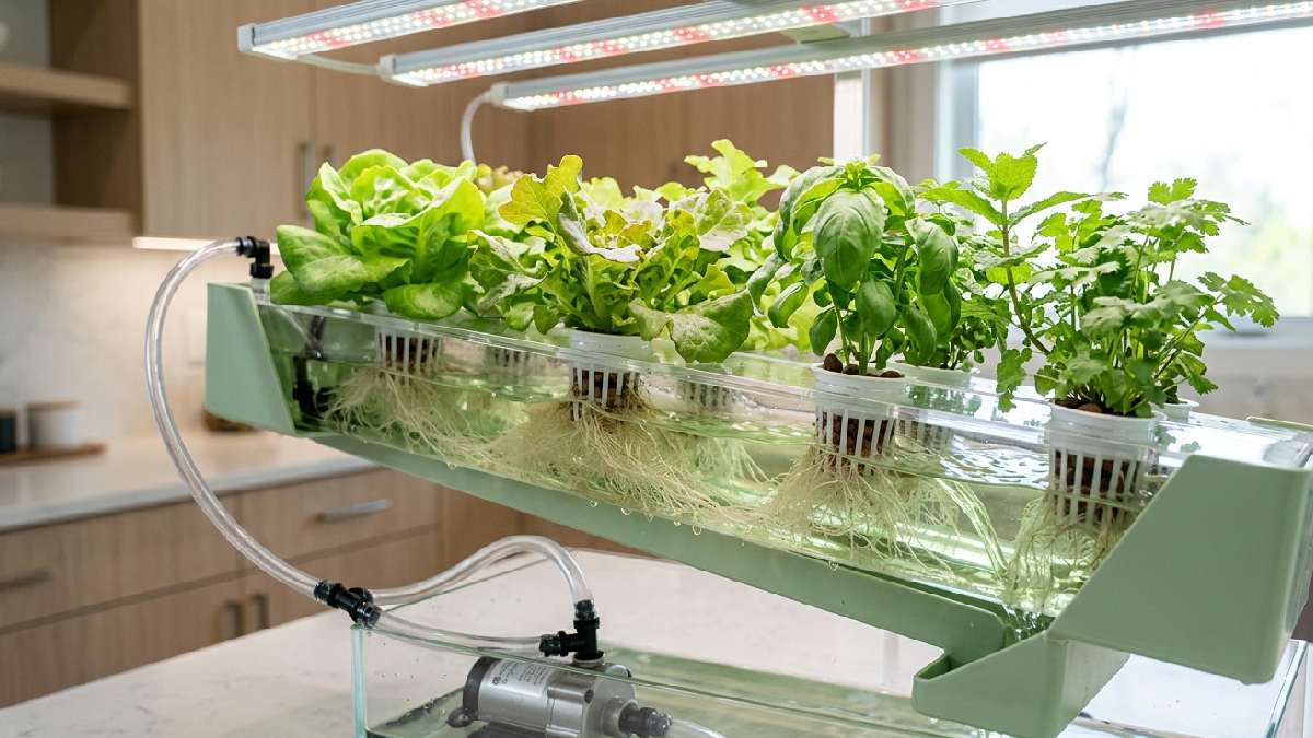 An NFT indoor hydroponic system with nutrient water flowing through angled channels over plant roots growing fresh lettuce and herbs. 