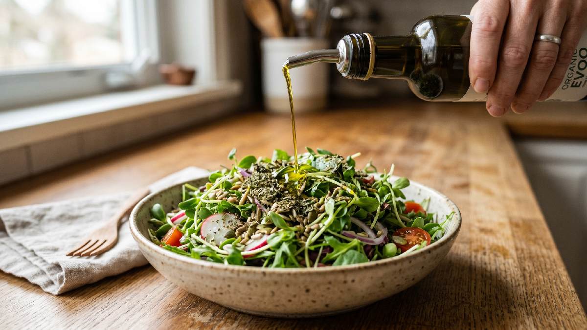 Olive oil being drizzled over a fresh microgreen salad with basil and oregano herbs showing a simple smooth and earthy natural dressing.