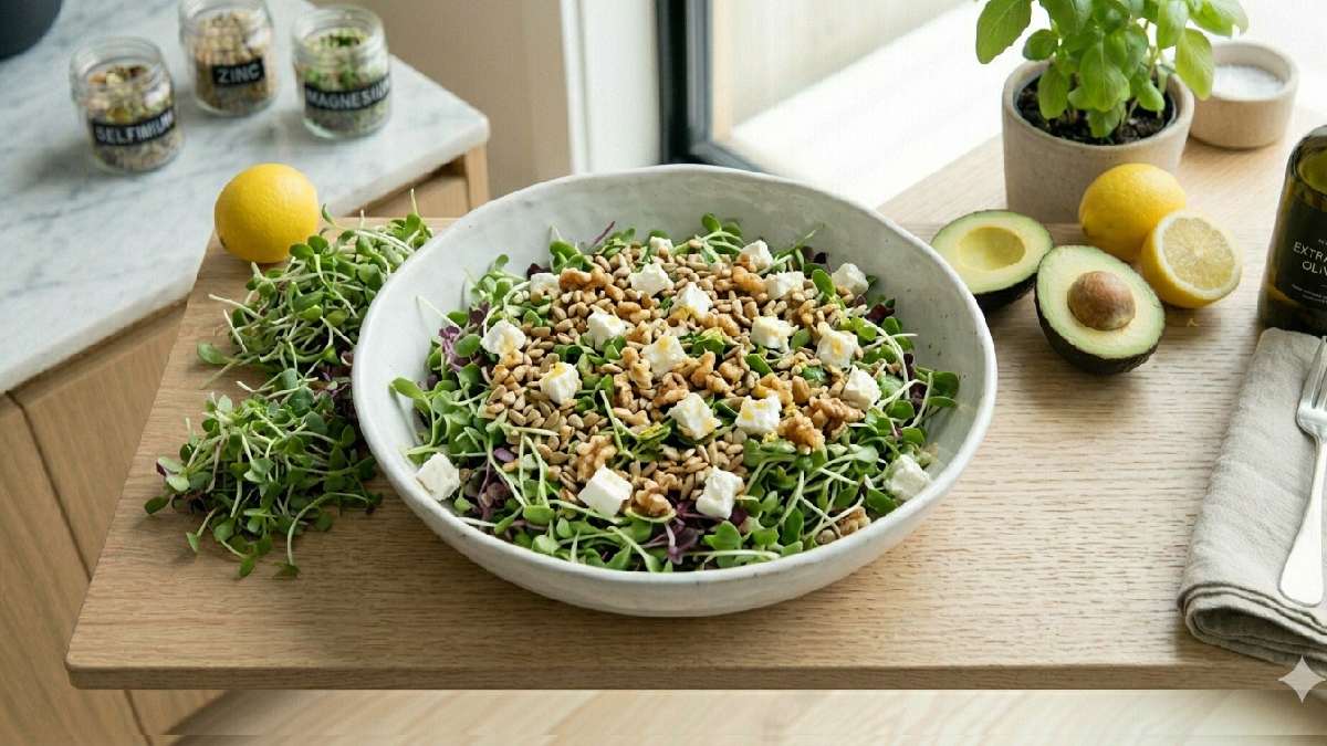“Microgreen salad with seeds, nuts, and cheese.”