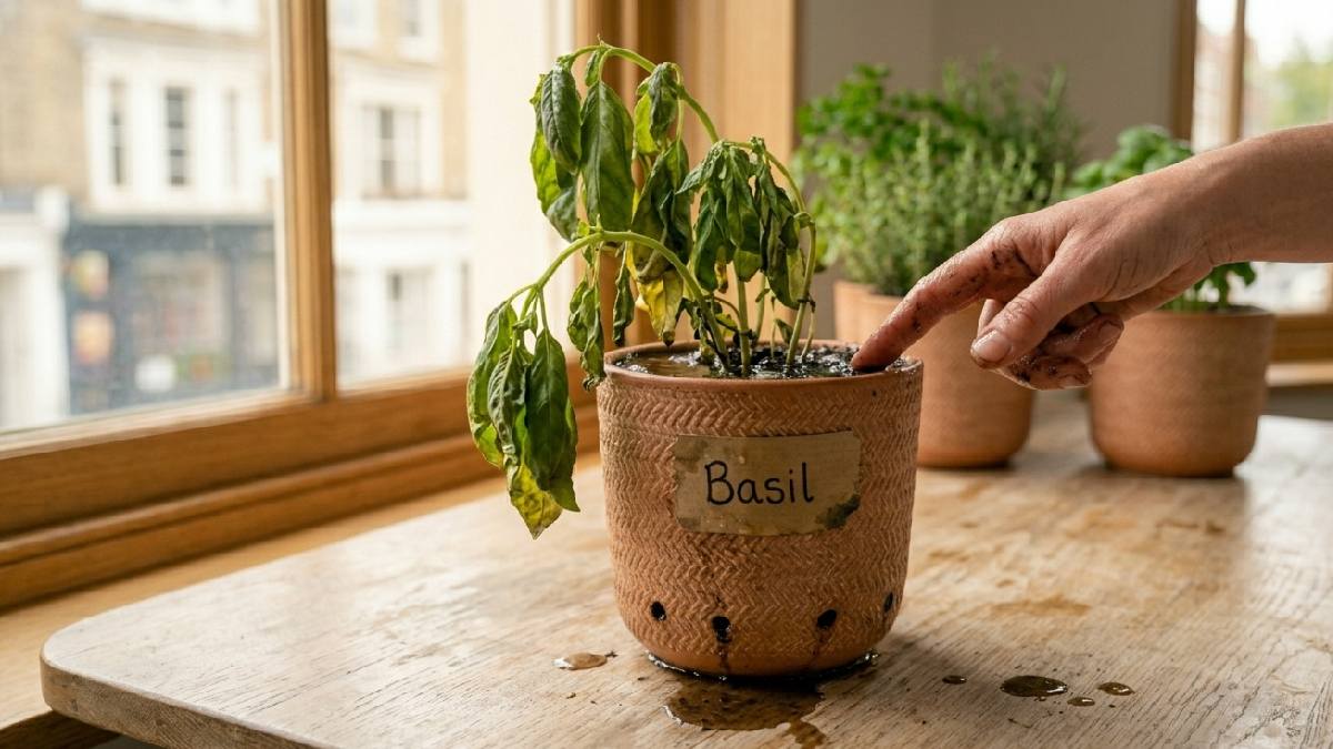 A drooping herb plant in a waterlogged pot with wet soil showing the common overwatering problem in indoor herb gardening at home. 