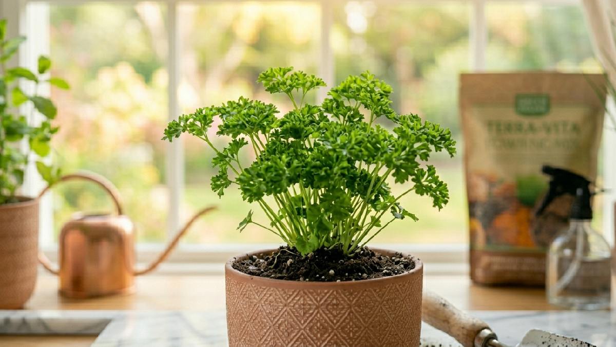 A fresh green parsley plant with curly leaves growing in a small pot on a bright windowsill for reliable indoor herb gardening. 