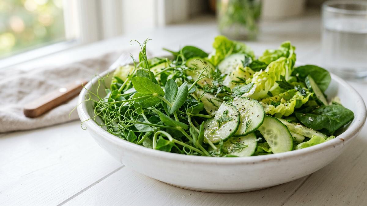 Fresh tender pea shoots with soft green leaves and curling tendrils mixed in a salad bowl showing a sweet light garden fresh flavor.
