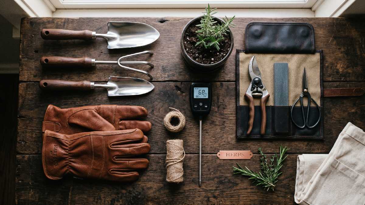 Premium gardening gifts for men including professional tool set, leather gloves, soil moisture meter, and pruning kit showing advanced high quality presents for serious gardeners.