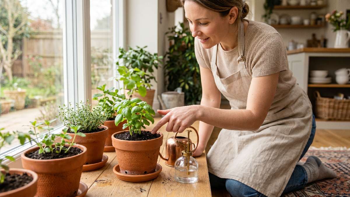 A person checking soil moisture in an indoor vegetable pot with a watering can and spray bottle nearby showing proper watering system at home. 