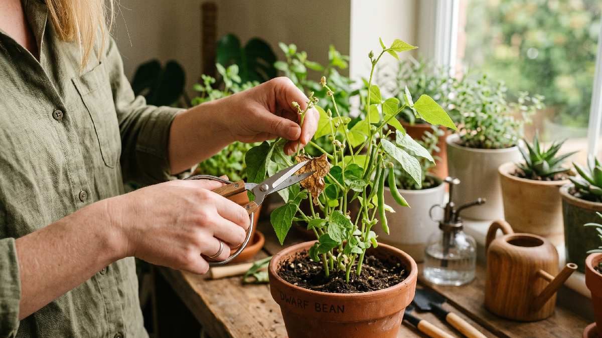 A person lightly trimming dead leaves from an indoor plant with scissors showing regular pruning and maintenance for healthy new growth at home. 