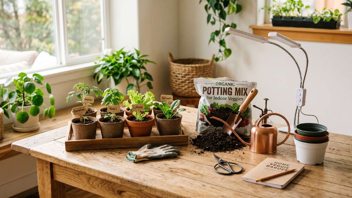 Basic indoor vegetable gardening requirements including containers, soil, seedlings, watering can, and grow light on a wooden table ready to start. 