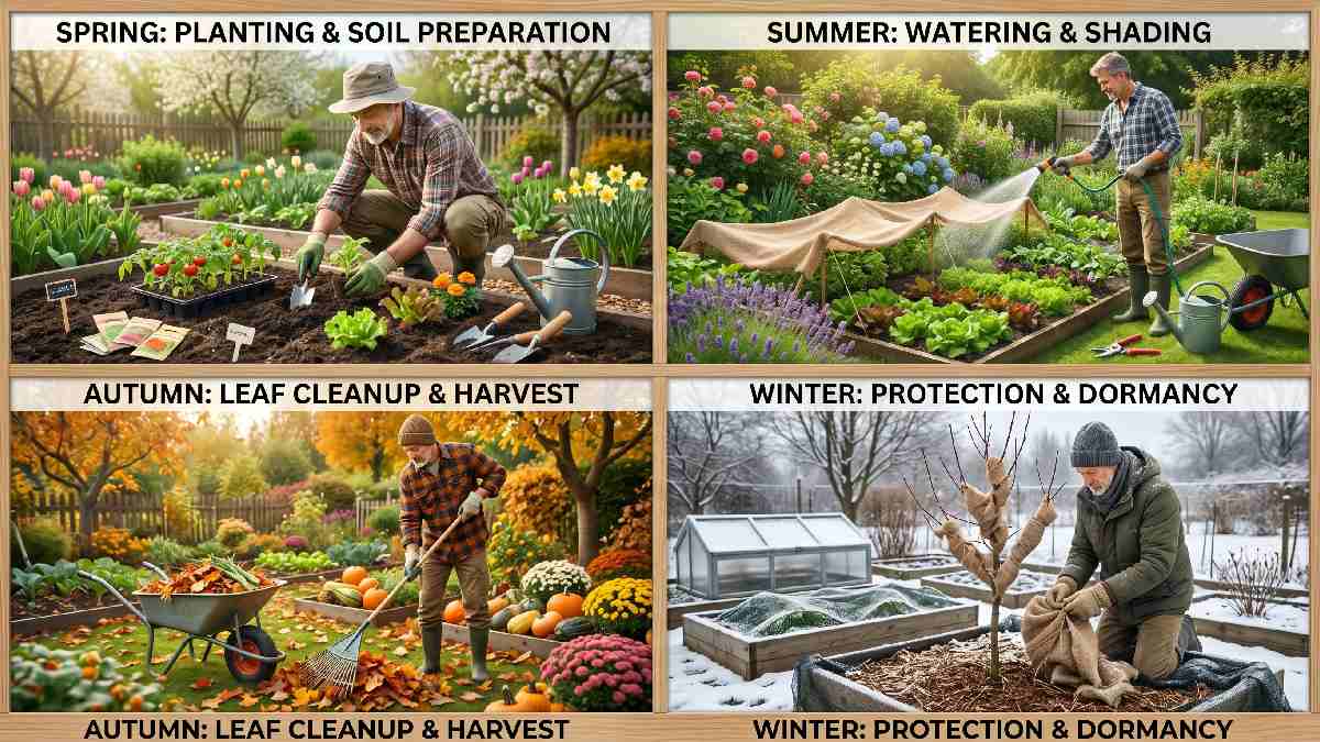 Seasonal gardening maintenance helps plants adapt to spring growth, summer heat, autumn cleanup, and winter protection for year-round healthy garden care.