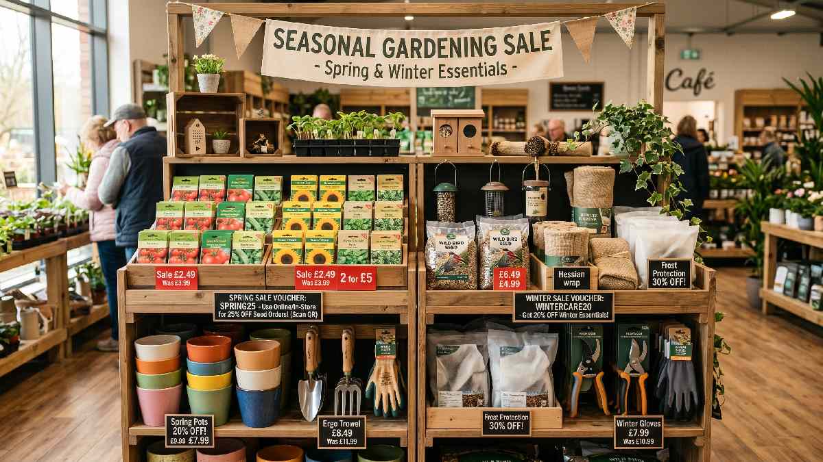 A seasonal gardening sale display with spring and winter products showing discounted seed packets, plant pots, and tools with seasonal voucher codes for smarter shopping. 