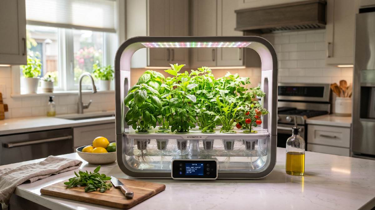 A modern smart indoor garden system on a kitchen counter with LED lights and automatic watering growing fresh herbs showing easy high tech home gardening.