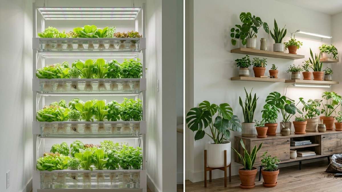 A compact vertical indoor hydroponic system beside a spread out soil pot garden showing better space efficiency for small home growing. 