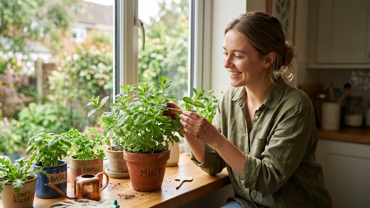 A beginner growing mint and simple herbs in small pots on a bright windowsill showing easy to grow plants that build confidence for new gardeners. 