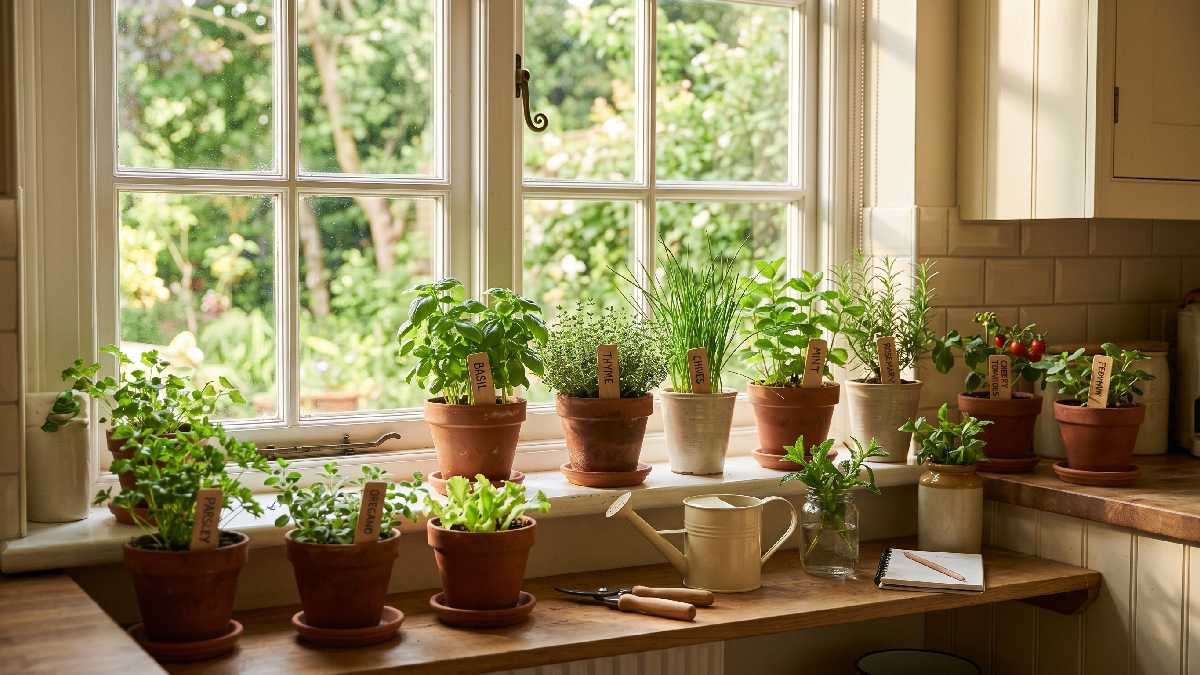 Small indoor vegetable pots placed on a bright kitchen shelf and windowsill showing the right location choice for successful indoor gardening at home. 