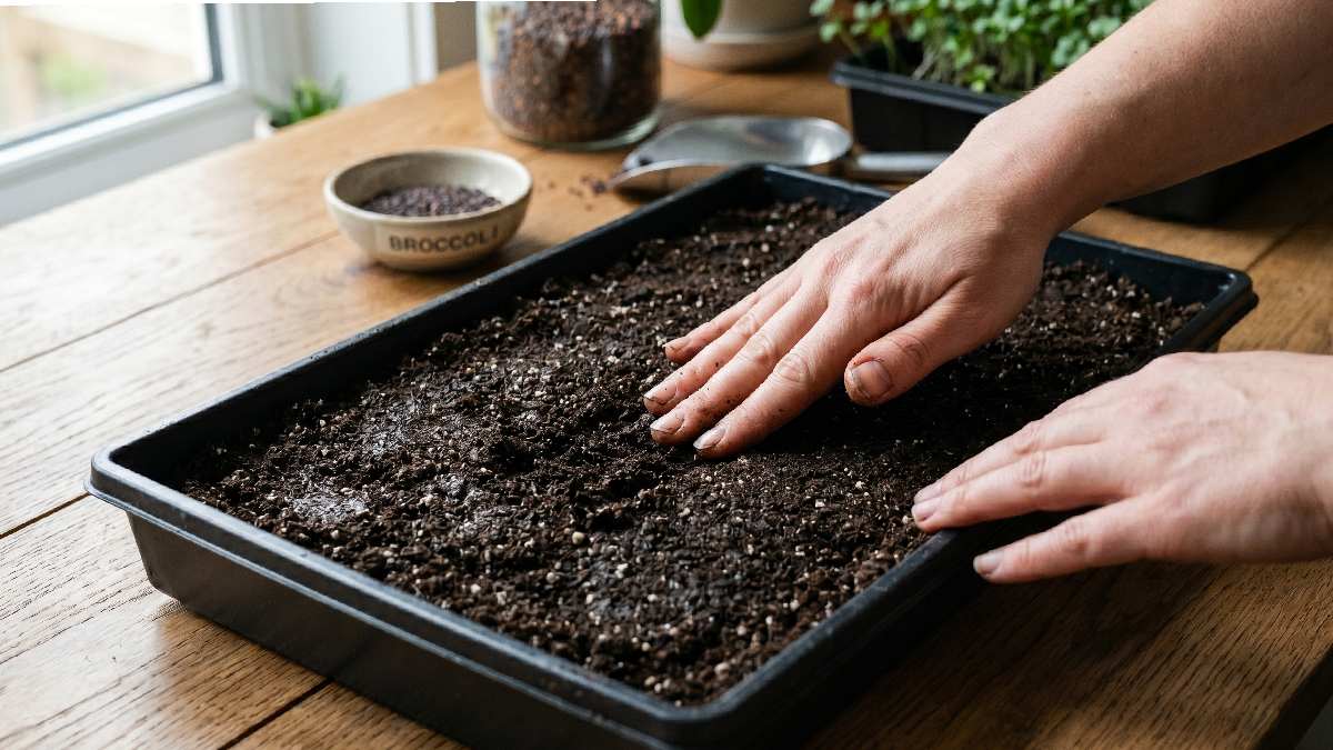 Hands spreading moist soil evenly into a shallow tray showing proper soil preparation for growing broccoli microgreens at home.