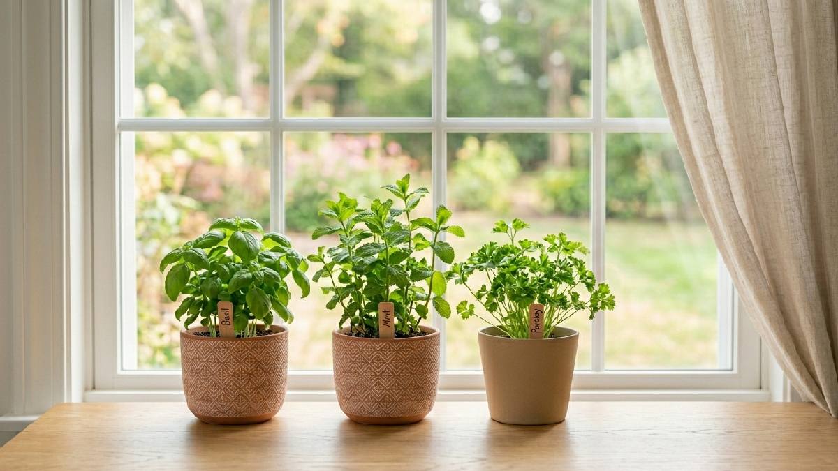 Small herb pots on a bright windowsill receiving indirect sunlight for healthy indoor herb growth at home. 