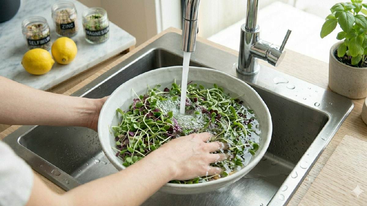 “Washing fresh microgreens before salad preparation.”