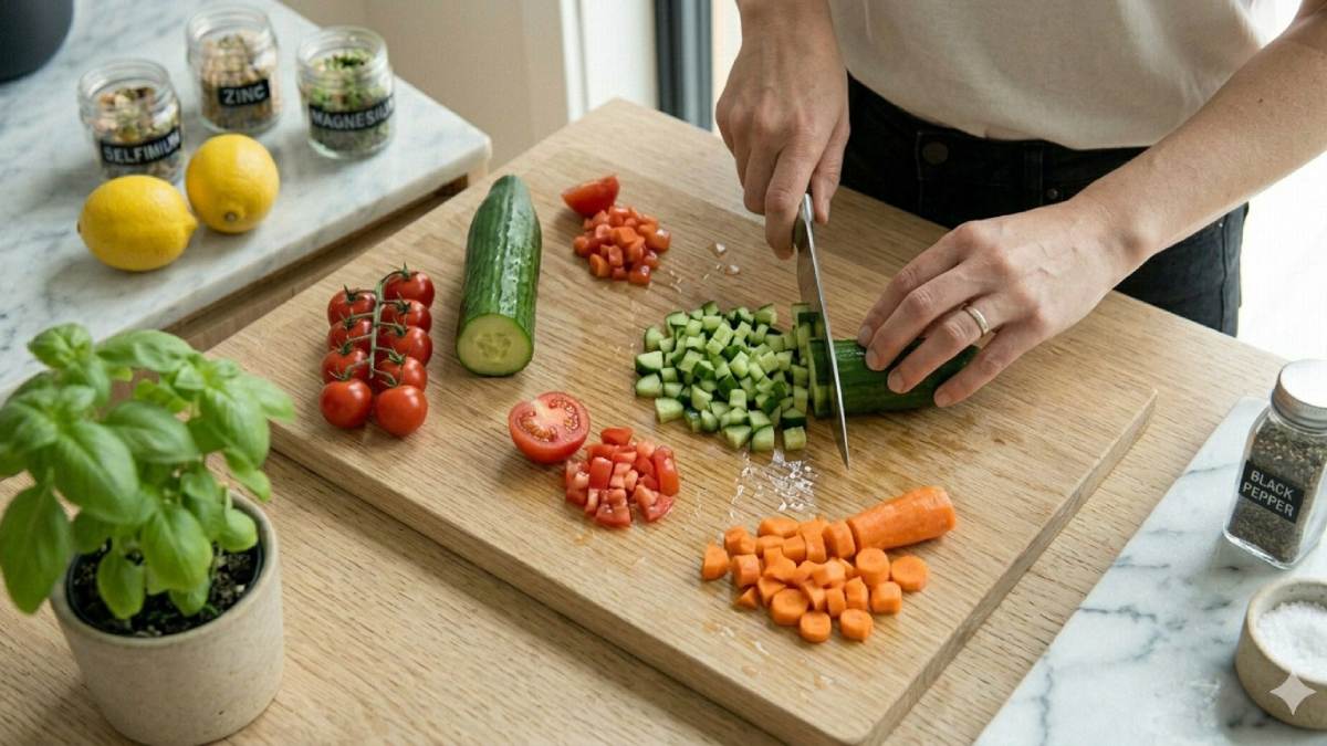“Chopping vegetables for microgreen salad.”