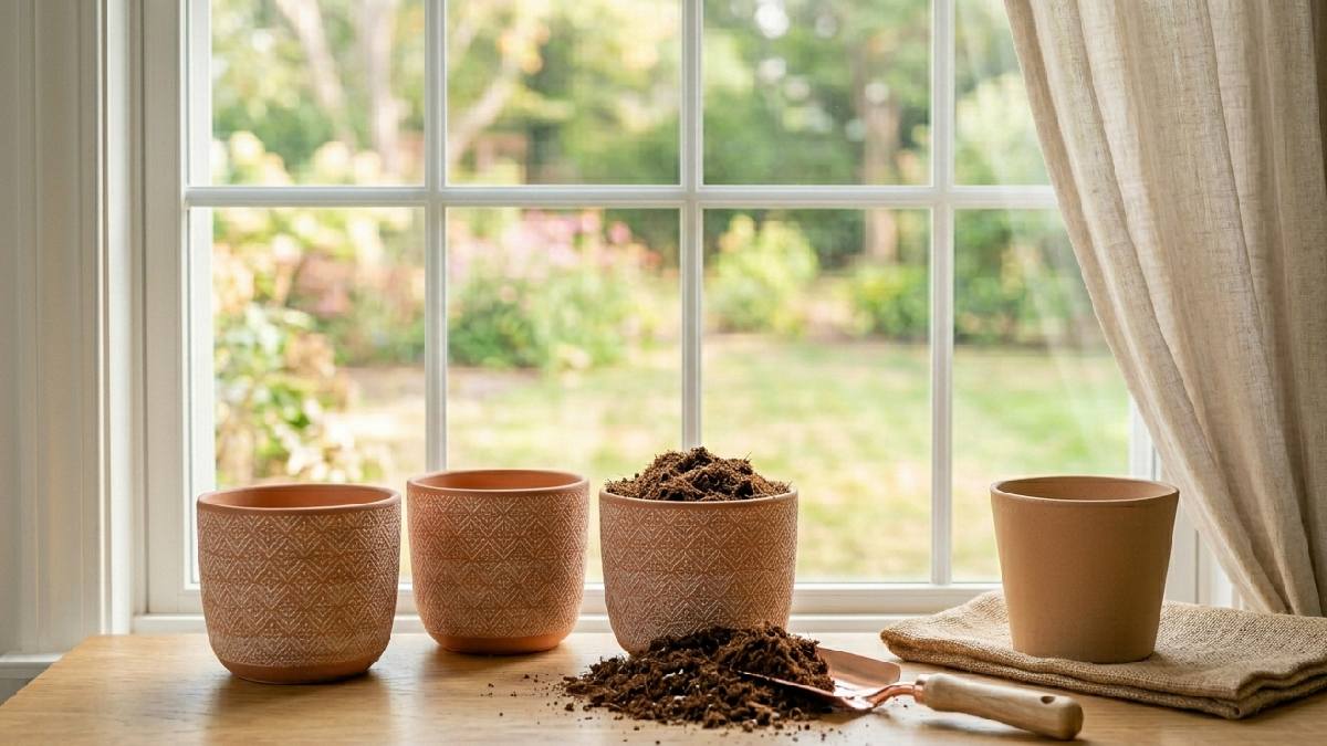 Clay pots with drainage holes filled with light potting soil on a wooden table ready for healthy indoor herb planting. 