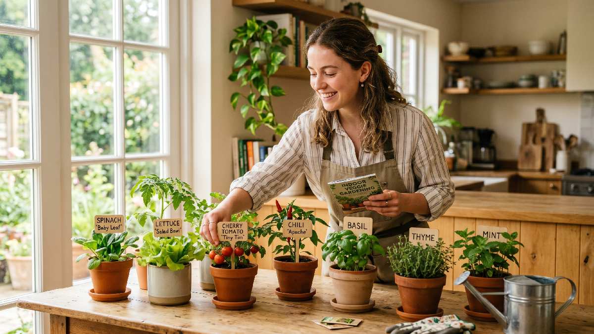 A beginner selecting spinach, lettuce, tomatoes, chilies, and herbs for indoor gardening showing suitable vegetable choices for easy home growing. 