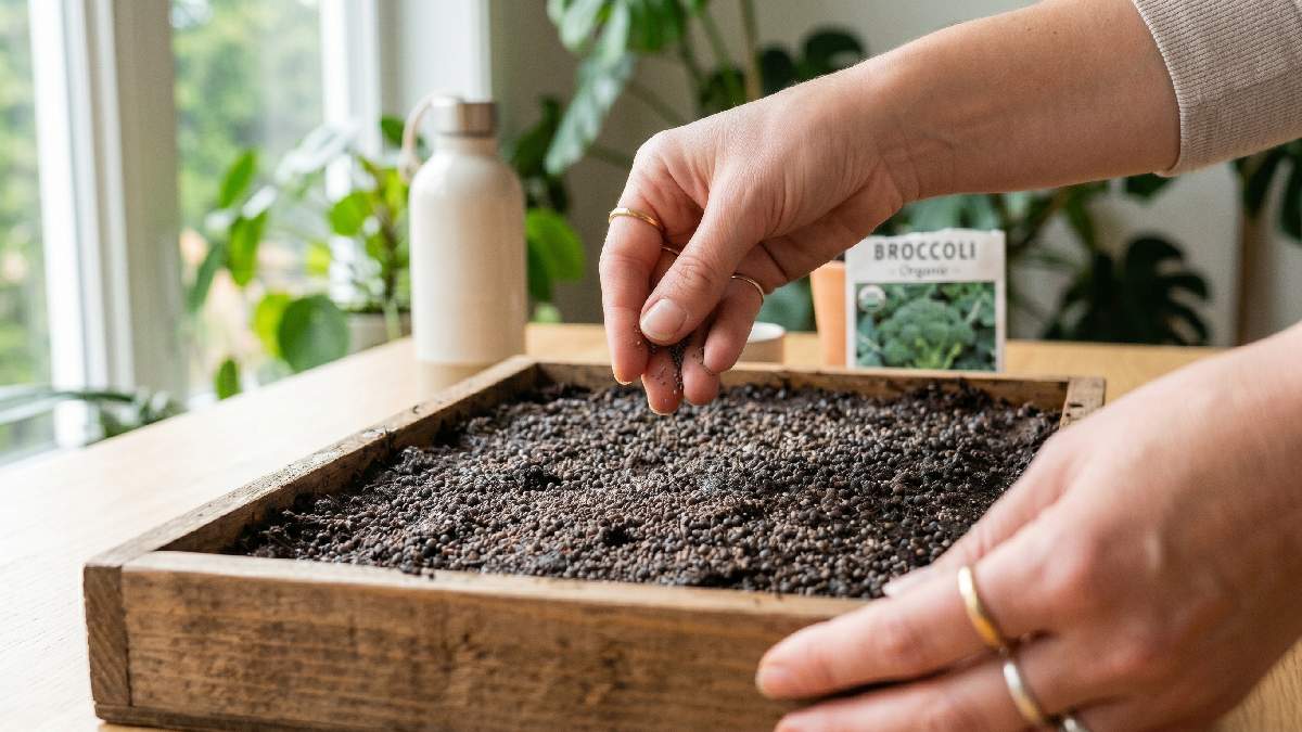 Hands evenly spreading tiny broccoli seeds across moist soil in a shallow tray showing proper seed spacing for healthy microgreen growth at home.