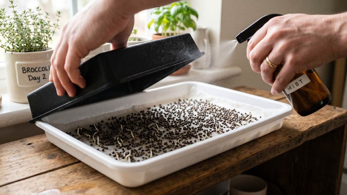 A spray bottle misting broccoli seeds in a tray with a dark cover placed on top showing proper misting and blackout germination stage at home.