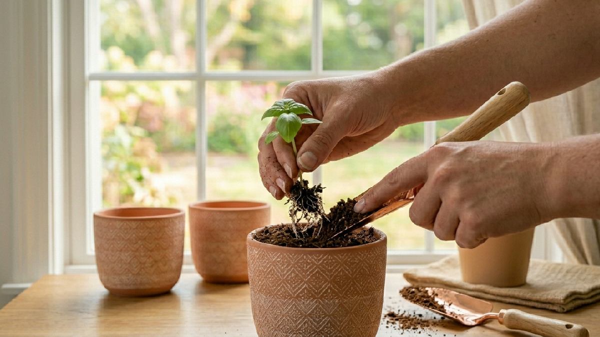 Hands carefully planting small herb seedlings into a fresh soil filled pot for proper and healthy indoor herb growth. 