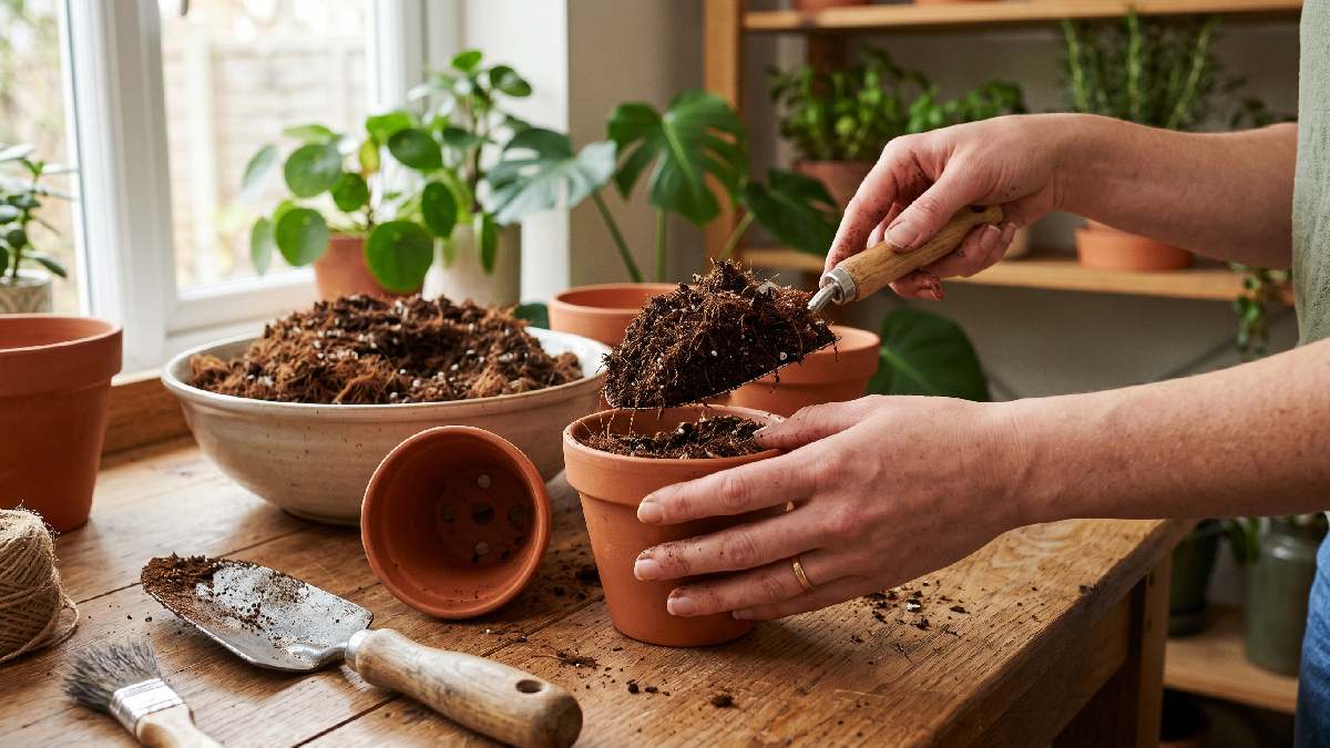 Hands filling drainage hole containers with light compost and cocopeat soil mix on a wooden table showing proper container and soil preparation for indoor gardening. 
