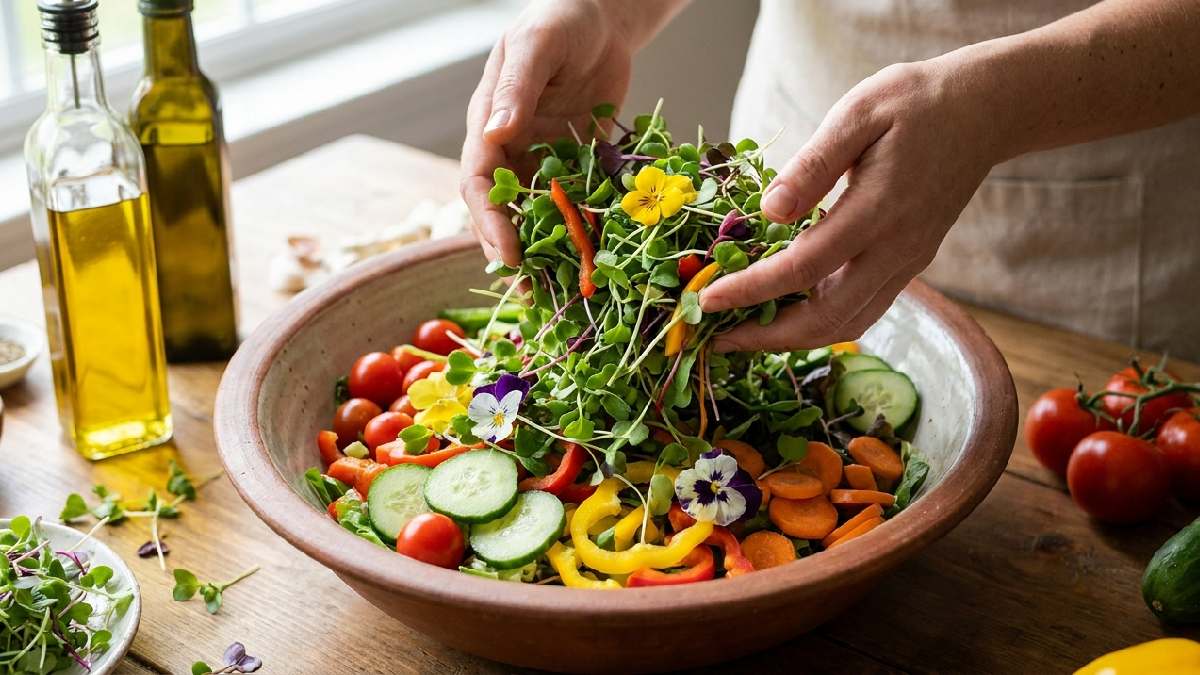 “Mixing fresh ingredients for microgreen salad.”