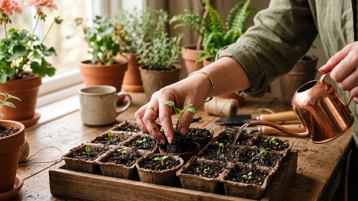 Hands gently planting seeds and seedlings into prepared soil containers with proper spacing and light watering showing the start of indoor vegetable gardening. 