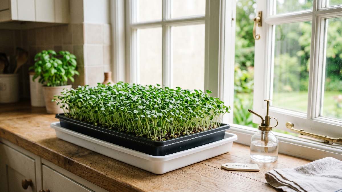 A broccoli microgreen tray near a window with bottom watering tray underneath showing proper light and water method for healthy microgreen growth at home.