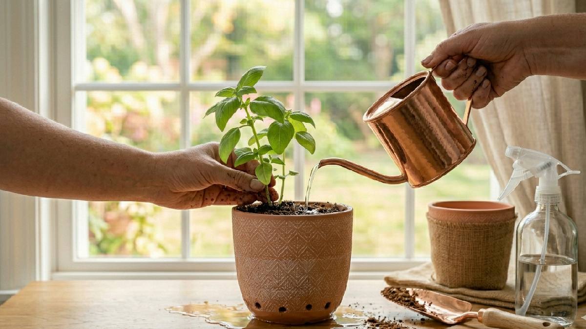 A hand watering a potted herb plant with drainage holes releasing excess water showing proper indoor watering technique at home. 