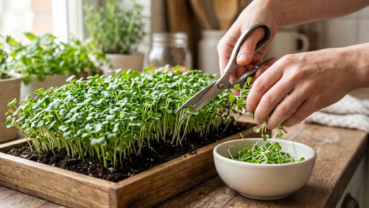 Hands using scissors to cut fresh broccoli microgreens just above soil level into a clean bowl showing proper harvest at 7 to 10 days at home.