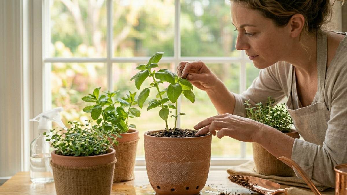 A person carefully inspecting herb plant leaves and soil condition on a bright windowsill monitoring indoor plant health at home. 