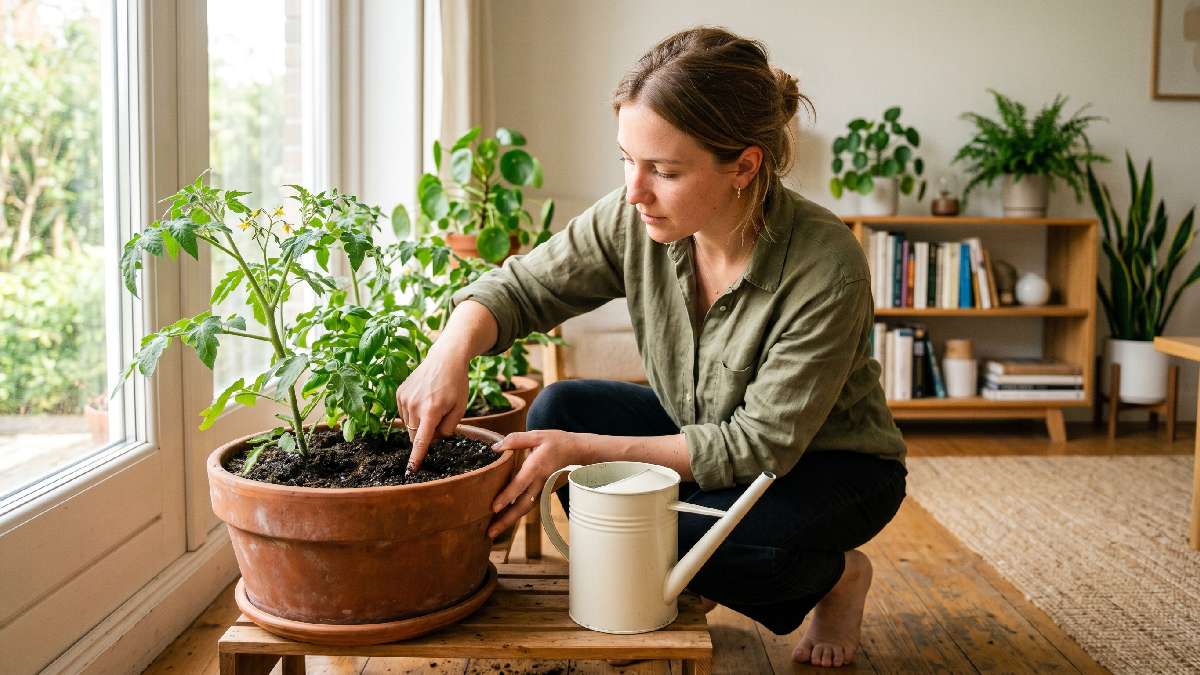 A person checking soil moisture with a finger before watering an indoor vegetable pot showing a consistent and controlled watering schedule at home. 