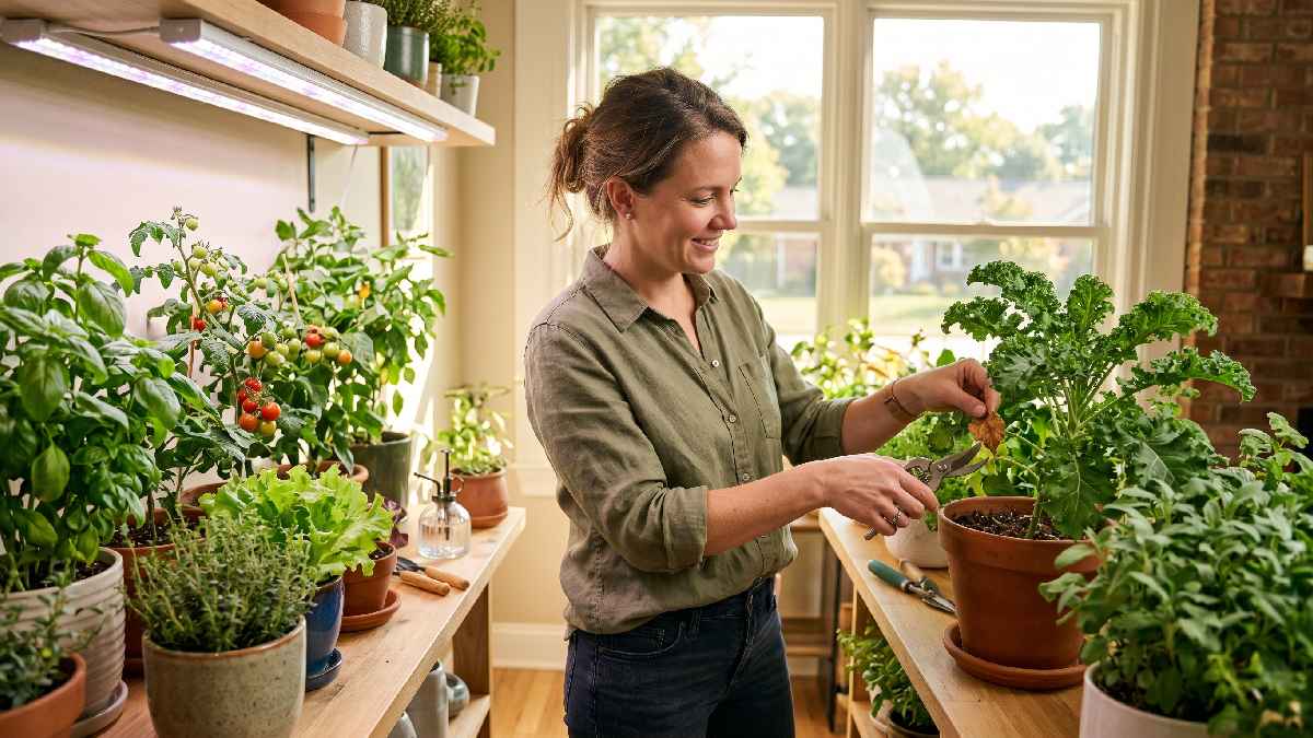 A person rotating indoor vegetable pots near a window and removing dry leaves under grow lights showing proper light and maintenance routine at home. 