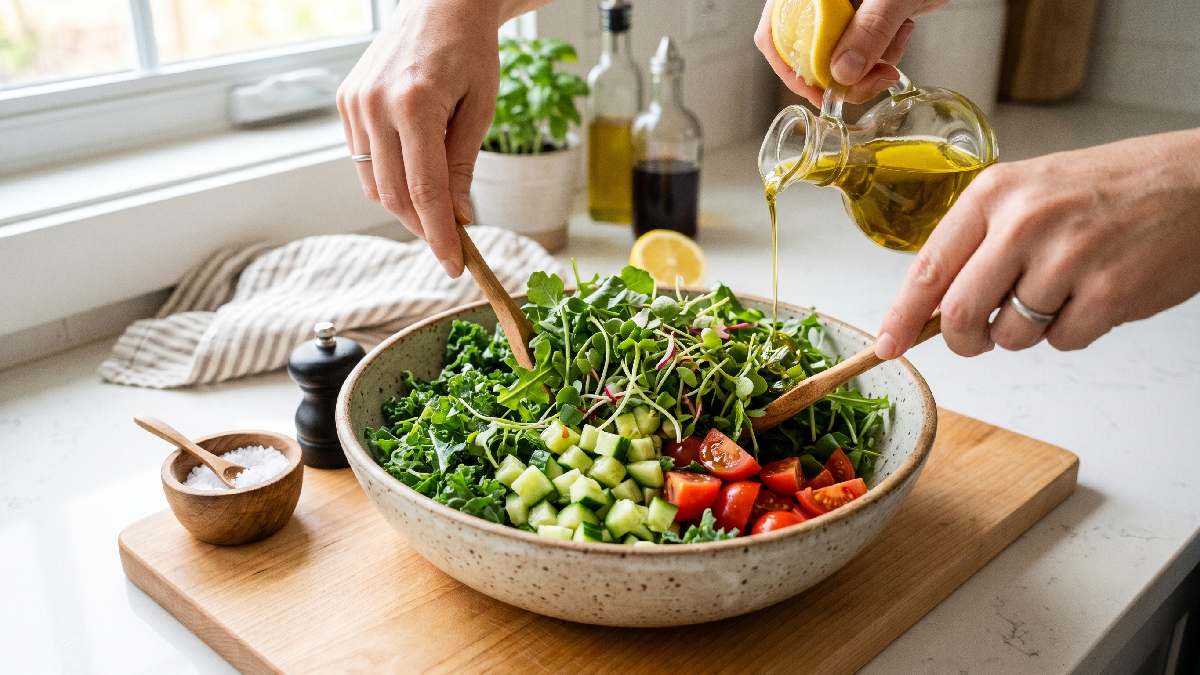 Fresh microgreens and chopped vegetables in a bowl with olive oil and lemon juice being poured showing simple step by step salad preparation.