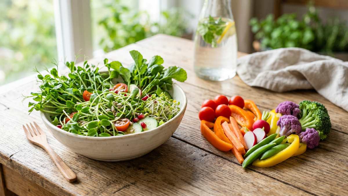 A fresh microgreen salad bowl beside colorful vegetables showing how daily microgreen eating supports natural heart health and better nutrition.