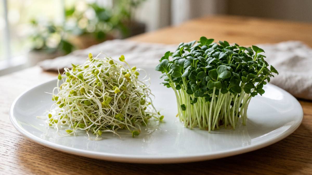 Broccoli sprouts and microgreens side by side on a white plate showing clear differences in texture from watery mild sprouts to firm leafy microgreens.
