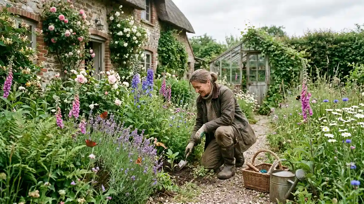 A traditional British garden with heritage plants and natural wildlife habitats showing the eco friendly and biodiversity focused gardening style of The Great British Garden Revival.