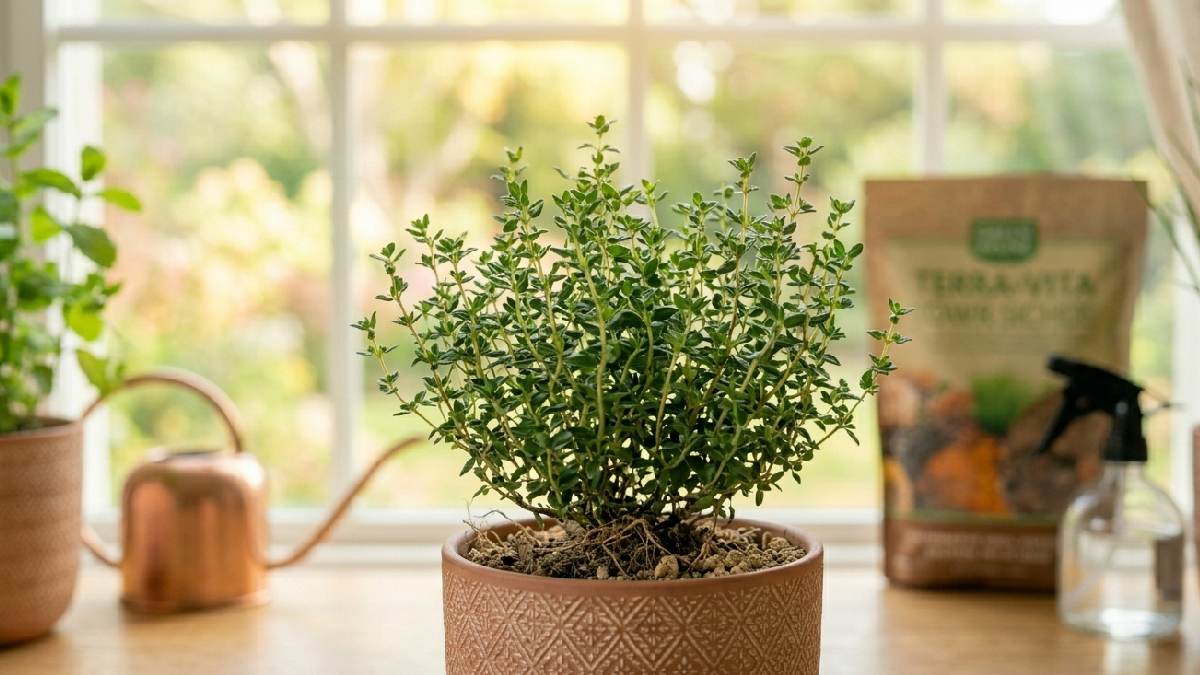 A healthy thyme plant with tiny green leaves growing in a terracotta pot on a sunny windowsill requiring minimal care indoors. 