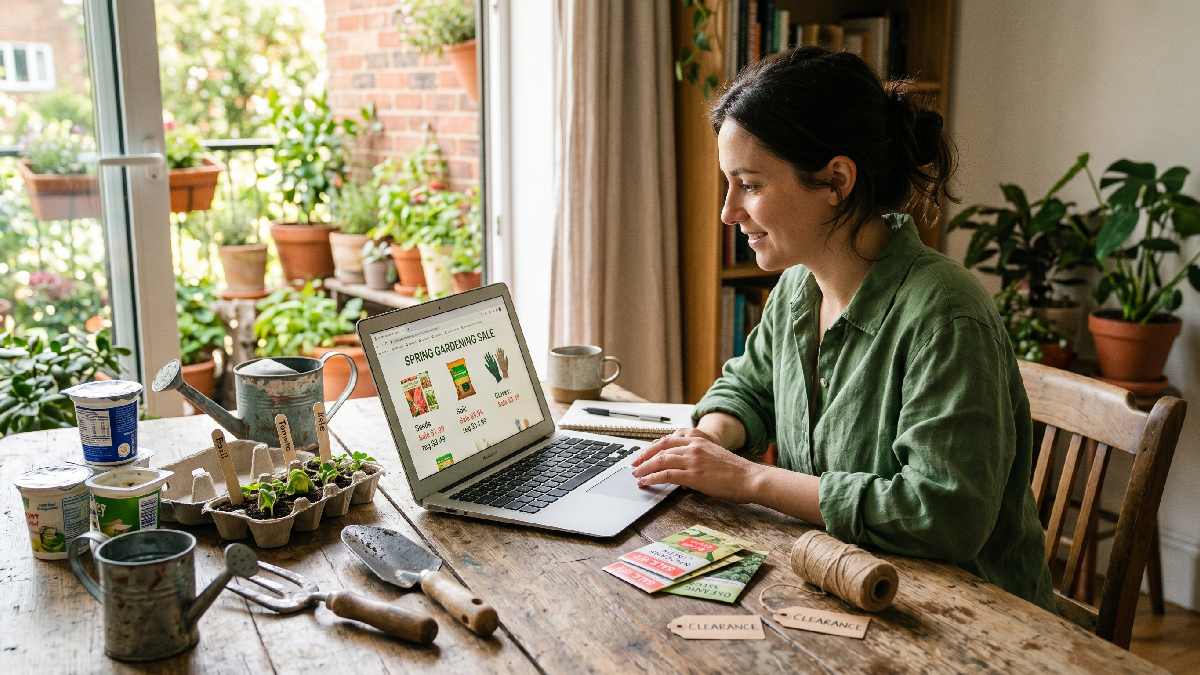 A person comparing gardening prices online with reused containers and basic tools nearby showing smart budget friendly tips to save more on gardening supplies. 