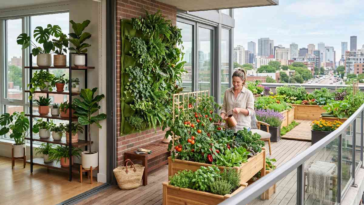 Different urban gardening service types including indoor shelves, balcony vegetables, rooftop garden, and vertical wall planters showing flexible city home gardening options. 