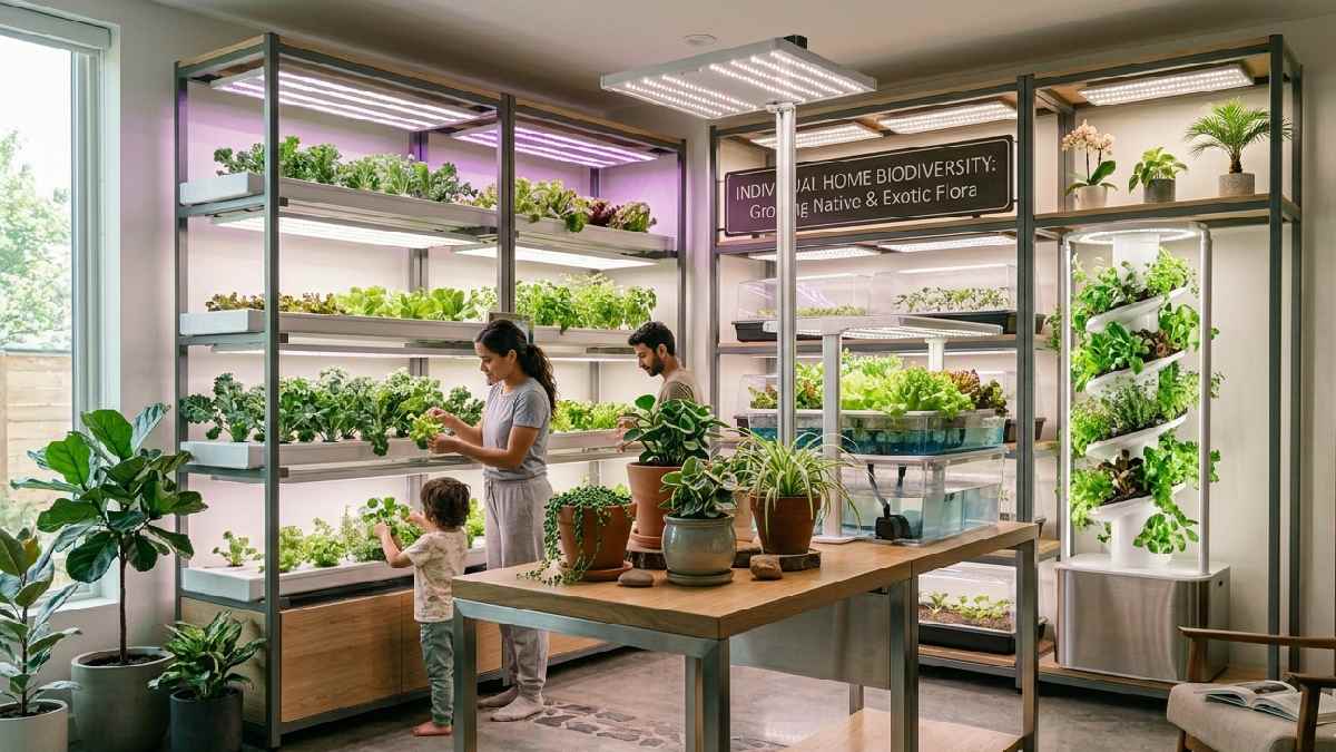 Multiple indoor gardening system types including soil pots, hydroponic water trays, and a vertical tower with healthy green plants in a bright home. 