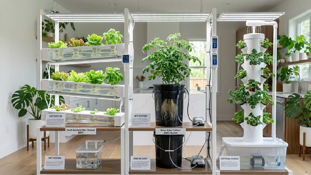 Multiple indoor hydroponic system types including nutrient film, deep water culture, and vertical tower with healthy green plants growing. 