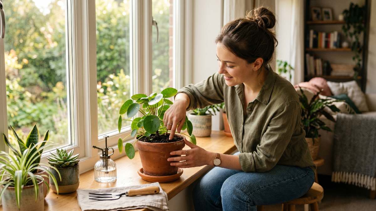 A beginner gardener carefully observing and checking soil of a green potted plant on a bright windowsill showing basic plant care habits for healthy growth. 