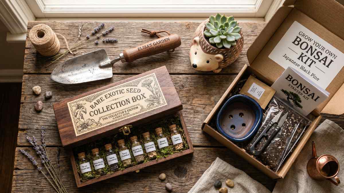 Unique gardening gifts including engraved tools, exotic seed collection, bonsai kit, and quirky plant pot showing creative memorable presents for men who have everything.